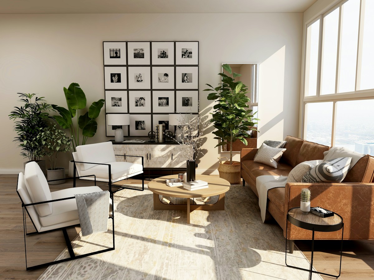 Bright living space with neutral furnishings and natural textures